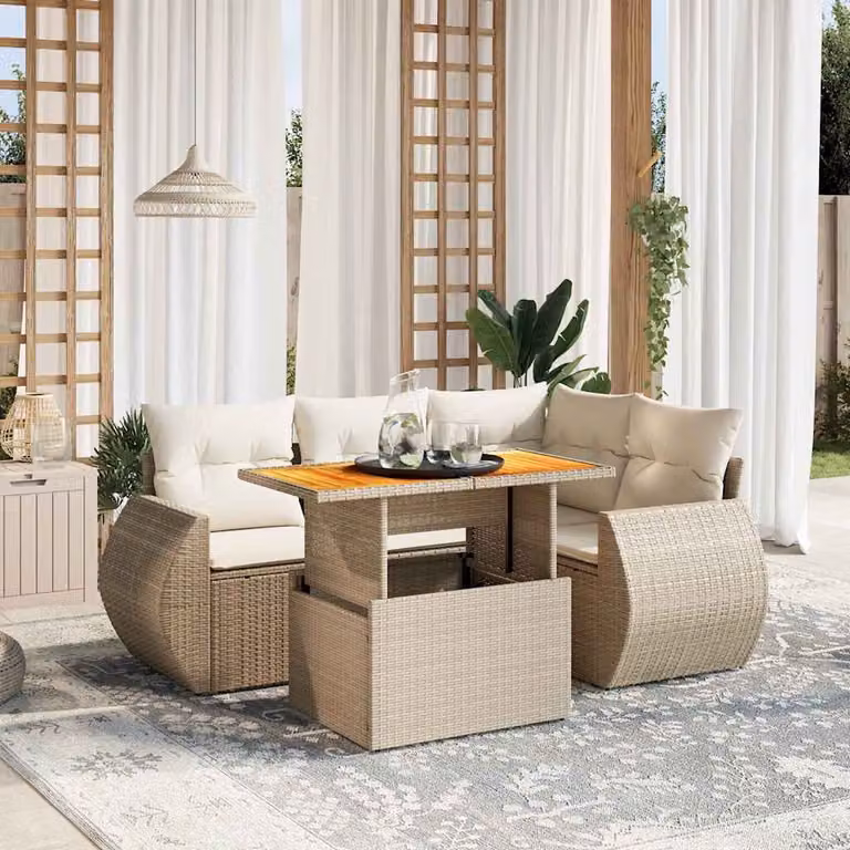 vidaXL Set Divano da Giardino a L 5 pz con Cuscini Beige e Tavolino in Polyrattan e Acciaio