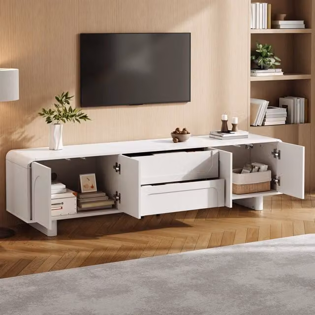 Mobile TV con 4 ante e 2 cassetti, passacavi e bordi arrotondati, per soggiorno, bianco, in MDF, 180 × 40 × 46 cm