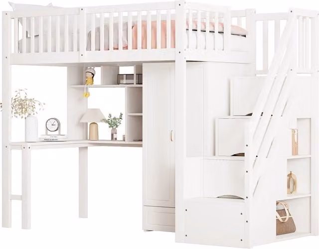 Letto a soppalco singolo bianco con armadio, tavolo, scaffale e scala con cassetti in legno, L/P/H: 200 x 90 x 240 cm