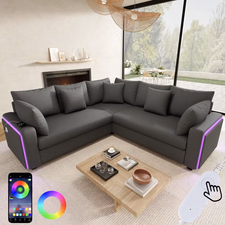 Divano ad L Merax con illuminazione a LED, porta di ricarica USB, cuscini, tessuto in velluto a coste, divano moderno per soggiorno, camera da letto, appartamenti, grigio