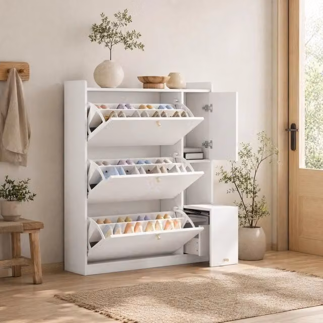 Scarpiera salvaspazio bianca con seduta integrata e ante a ribalta in MDF L/P/H: 119 x 24 x 122 cm