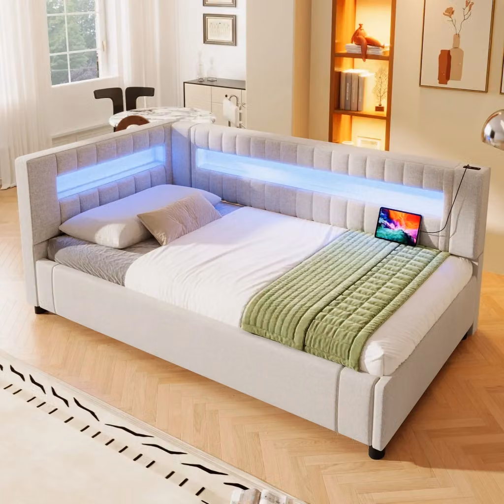 Letto Daybed REDOM in tessuto beige con illuminazione LED, porta USB e contenitore idraulico, L/P: 200 x 90 cm – 2