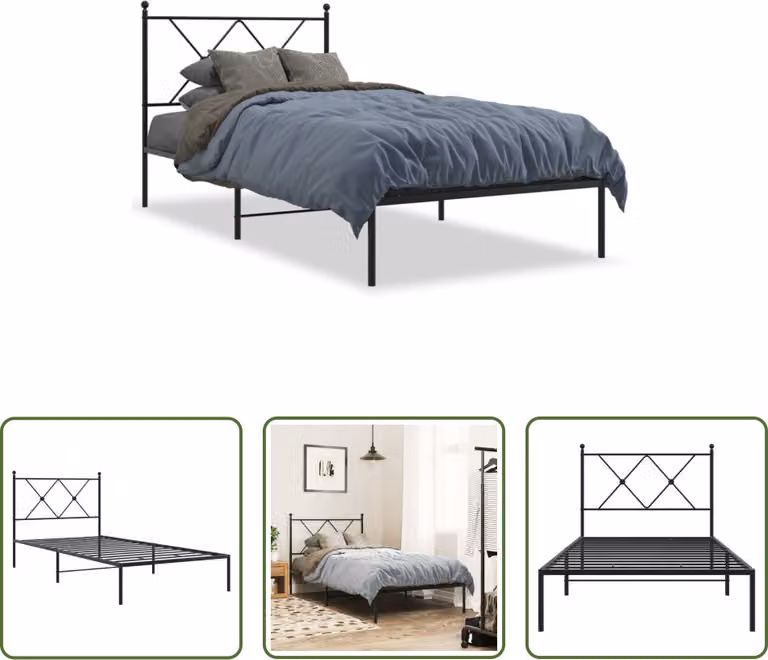 The Living Store Struttura letto con testiera in metallo nero 90x190 cm