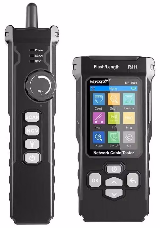 Tester per cavi di rete - NF-8506 - Misurazione PoE - Misurazione della lunghezza - Wiremap - Test PING e scansione IP - Localizzatore di cavi - Include batteria