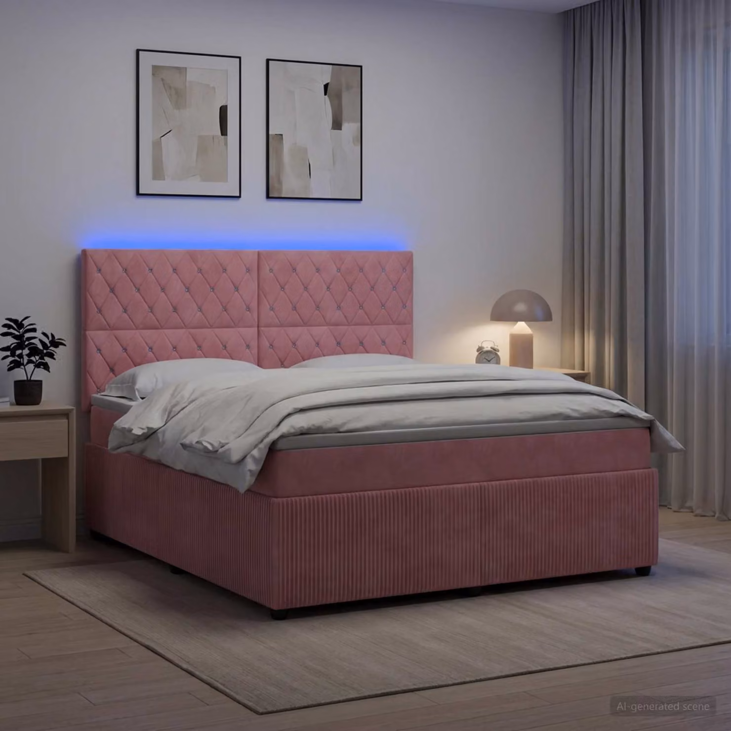 Letto Box Spring vidaXL in Velluto Rosa con Materasso Ibrido e Illuminazione LED, L/P: 140 x 200 cm