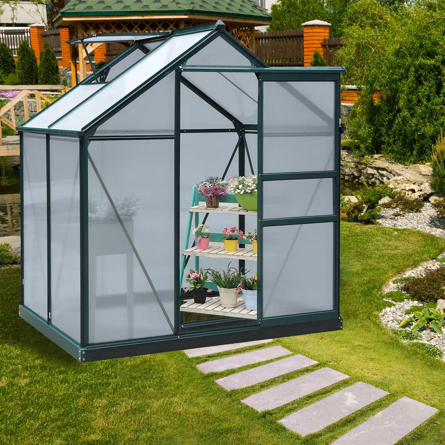 Serra da giardino Outsunny con grondaia, finestra e porta scorrevole in policarbonato anti UV, Verde Scuro, L/P/H: 190 x 132 x 201 cm – 2