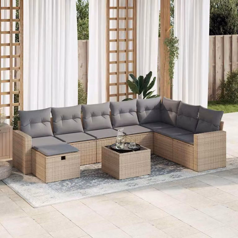 Set Divano da Giardino vidaXL 9 pz con Cuscini Beige e Tavolino in Polyrattan e Metallo