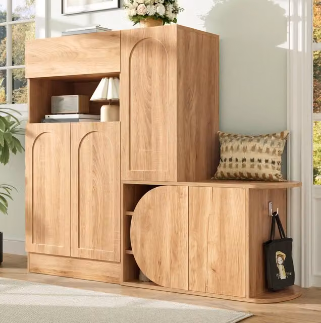 Mobile portascarpe con panca; 1 cassetto; 5 ante e vano a giorno; MDF naturale; 130×35×110;5 cm