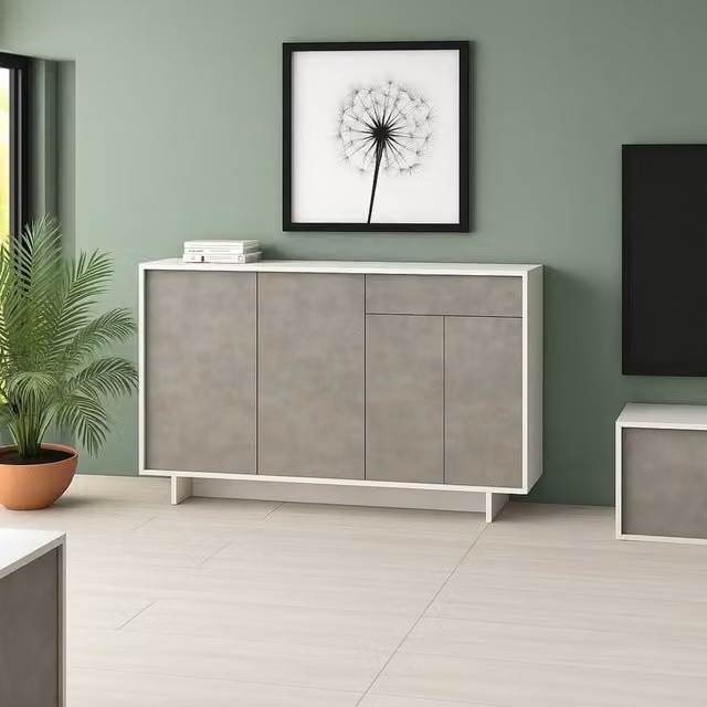 Credenza Arius DMORA, Madia e Buffet da soggiorno con 3 ante e 1 cassetto, Bianco e Cemento, L: 134 cm, P: 35 cm, H: 87 cm