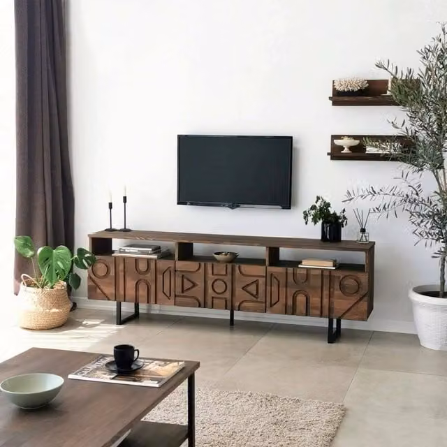 Mobile porta TV Barete DMORA, Credenza moderna da soggiorno in legno e metallo, Colore marrone, L: 170 cm, P: 30 cm, H: 40 cm