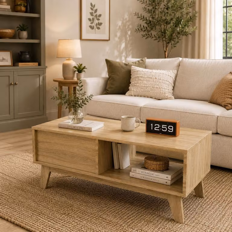 Tavolino rettangolare INONEFT con spazio contenitore, tavolino da salotto con design a ante scorrevoli, moderno tavolino da divano e tavolino ausiliario con vano aperto, finitura in legno naturale