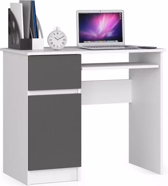 Scrivania per computer AKORD PIKSEL Bianco e Grigio Grafite con 1 anta e 1 cassetto L/P/H: 90 x 50 x 77 cm Modello a sinistra