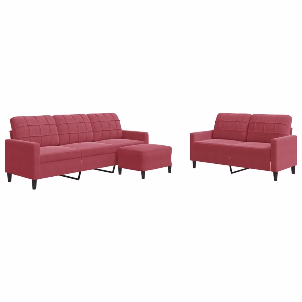 Set di Divani 3 pz con Cuscini Rosso Vino in Velluto