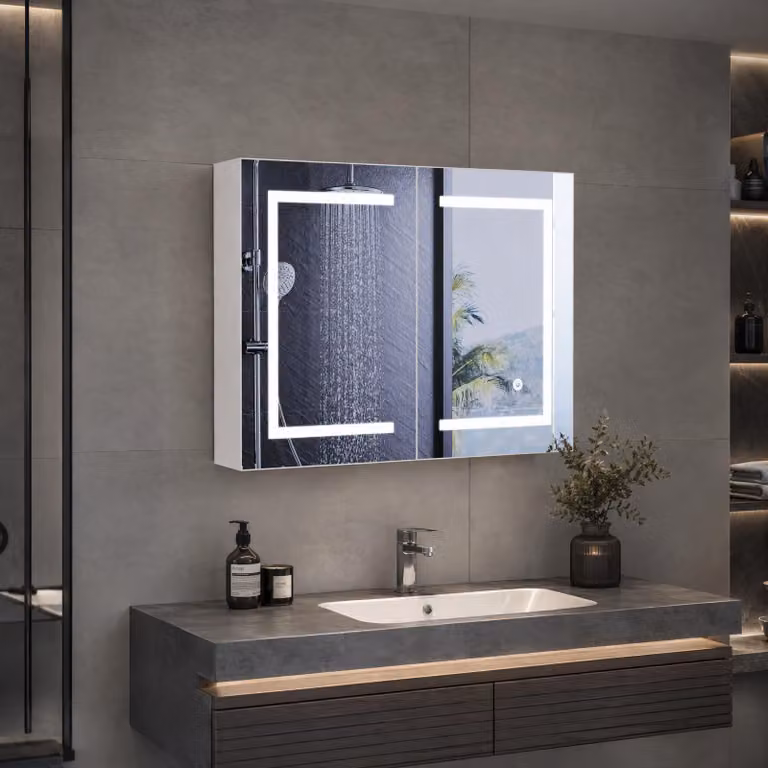 Mobiletto specchio da bagno illuminato INONEFT, specchio LED per il bagno con 2 ante e interruttori touch, 3 temperature di colore regolabili, 80 x 60 cm