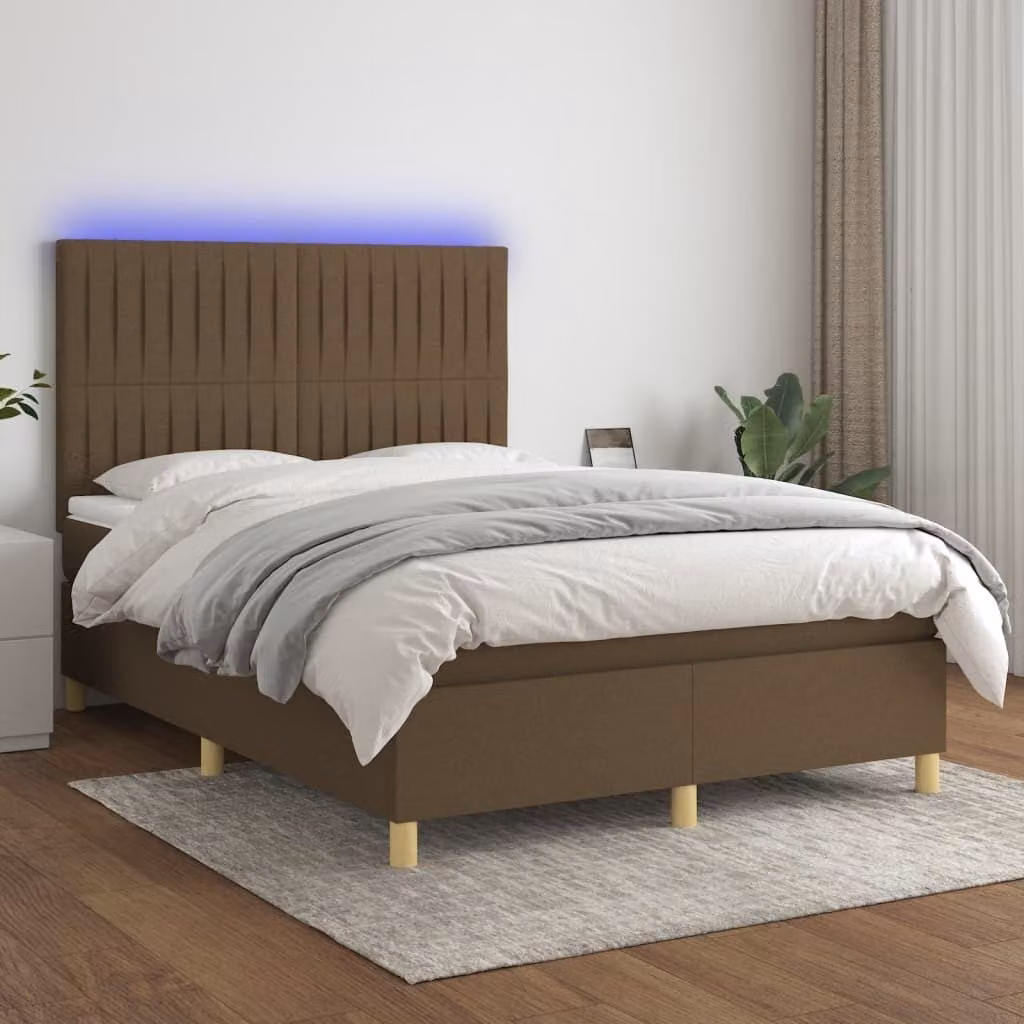 The Living Store Letto a molle con materasso e LED in tessuto marrone scuro 140x200 cm