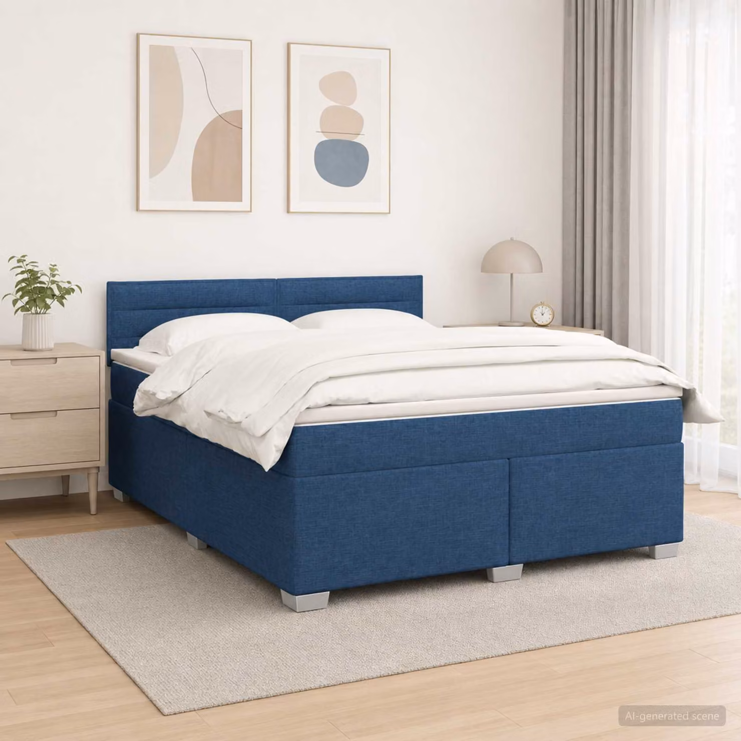 Letto Box Spring vidaXL con Materasso Ibrido, Illuminazione LED Blu e Porta USB, Tessuto Blu e Bianco, L/P: 140 x 200 cm