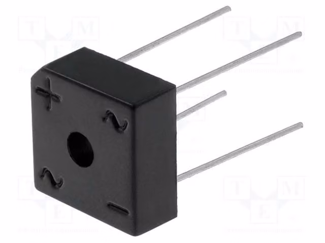Raddrizzatore a ponte: monofase; Tensione massima: 100V; Corrente diretta: 10A; Corrente di sovracorrente: 180A. Modello: KBPC1001-A1-L4095. Raddrizzatore a diodi monofase, forma quadrata