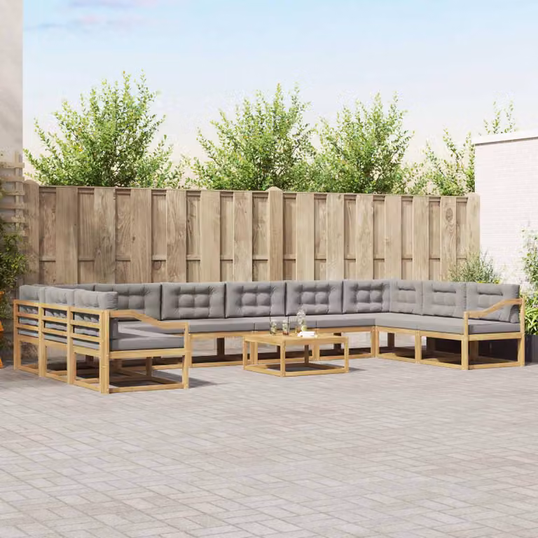 vidaXL Set di divani da esterno a forma di U composto da 11 pezzi in legno di acacia con cuscini, Bianco, Grigio e Marrone