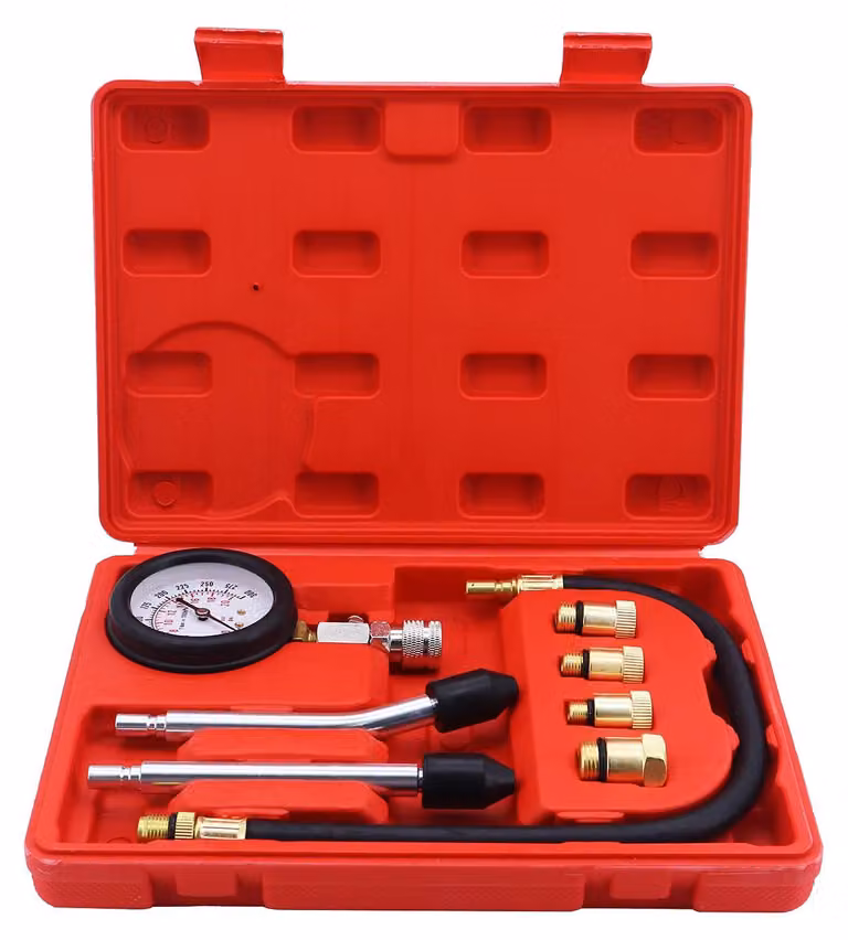 Kit per test di compressione per motori, completo di manometro e adattatori