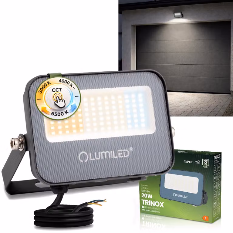 LUMILED Faretto LED per esterni 20W 2000lm CCT 3000K 4000K 6500K IP66 Impermeabile Proiettore per esterni Faretto da giardino Garage Cortile Faretto da parete Alluminio Grigio Faretti Proiettori neri Proiettori