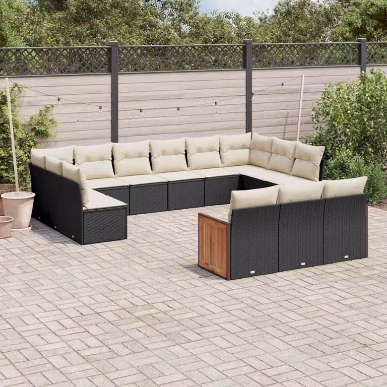 Set di divani da giardino vidaXL a forma di U in polyrattan nero con cuscini inclusi