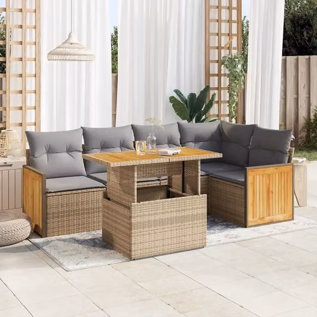 Set Divano da Giardino 6 pz con Cuscini Beige Polyrattan Acacia 3327713