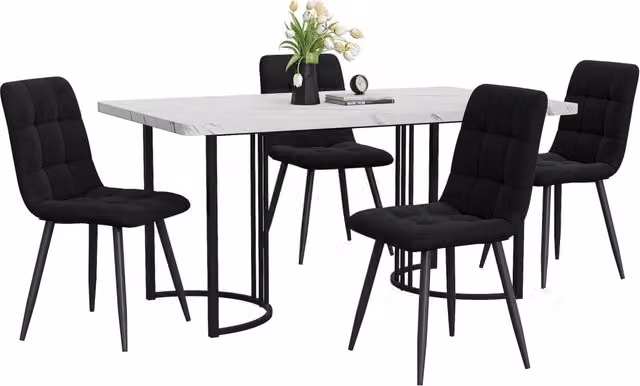 Set da pranzo 5 pezzi 140x80 cm MDF bianco effetto marmo， 4 sedie