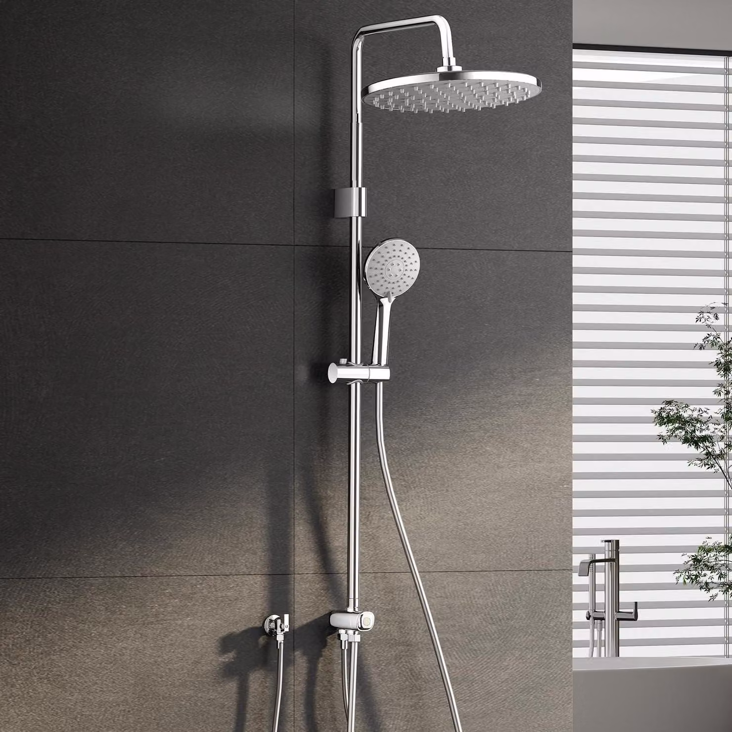 Set doccia in acciaio inossidabile cromato, sistema regolabile in altezza, soffione da 22 cm