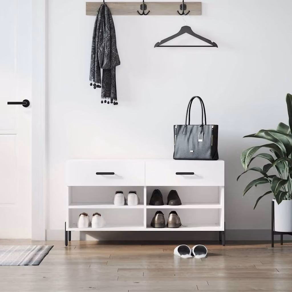 vidaXL Panca Porta Scarpe Bianca in Legno e Metallo L: 102 cm, P: 35 cm, H: 55 cm