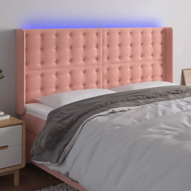 Testiera con LED e porta USB vidaXL in velluto rosa, L: 203 cm, P: 16 cm, H: 118-128 cm