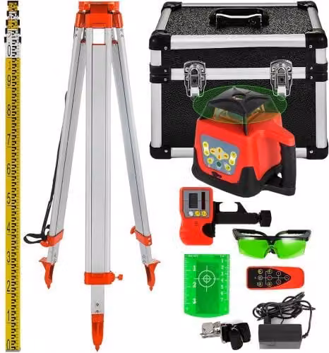 VEVOR Kit Livella Laser Rotante Autolivellante con Raggio Verde, Righello in Alluminio da 1.65 m e Treppiede a 5 Sezioni da 5 m per Architettura e Costruzioni