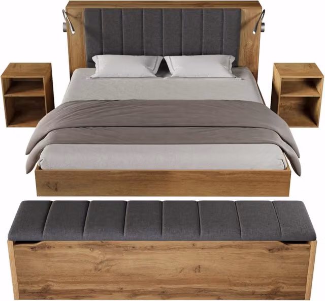 Letto matrimoniale 160x200 cm con materasso; comodini e panca contenitore; MDF e metallo; rovere