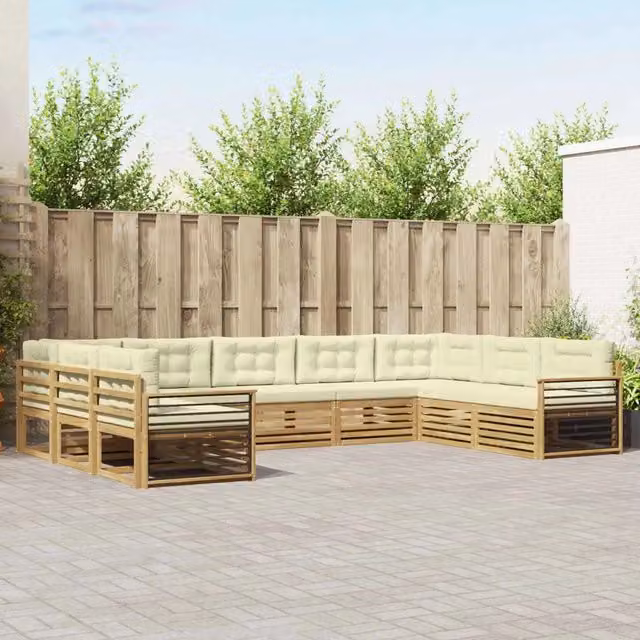 Set di divani da esterno vidaXL in legno di acacia con cuscini, Bianco e Beige – 1
