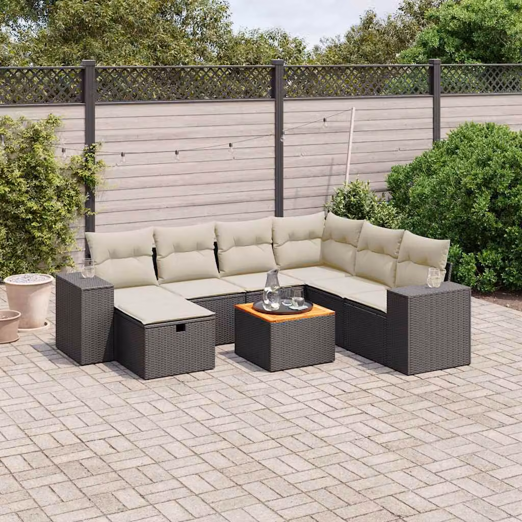 vidaXL Set Divani da Giardino a L con 8 Pezzi in Polyrattan Nero e Acciaio con Cuscini e Tavolino