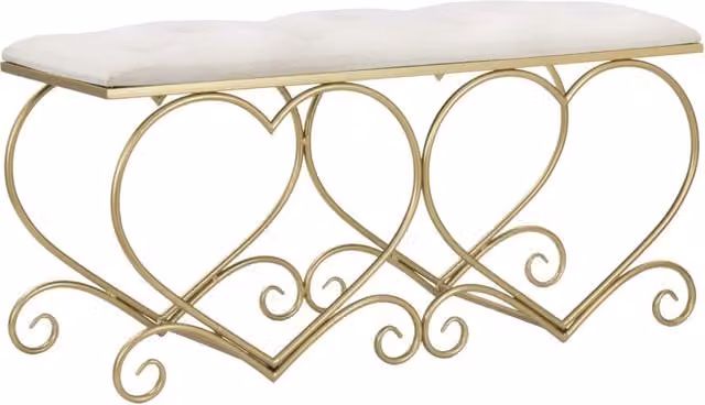 Panca Heart Charme1921 in velluto color crema con dettagli in metallo oro, L 105 cm x P 37,5 cm x H 51,5 cm