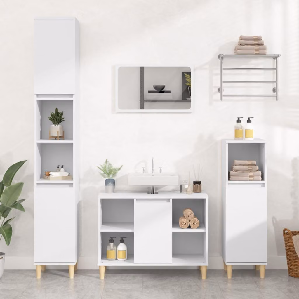 Set di mobili da bagno moderno vidaXL in legno multistrato bianco composto da 3 pezzi con mobile lavabo e colonna alta