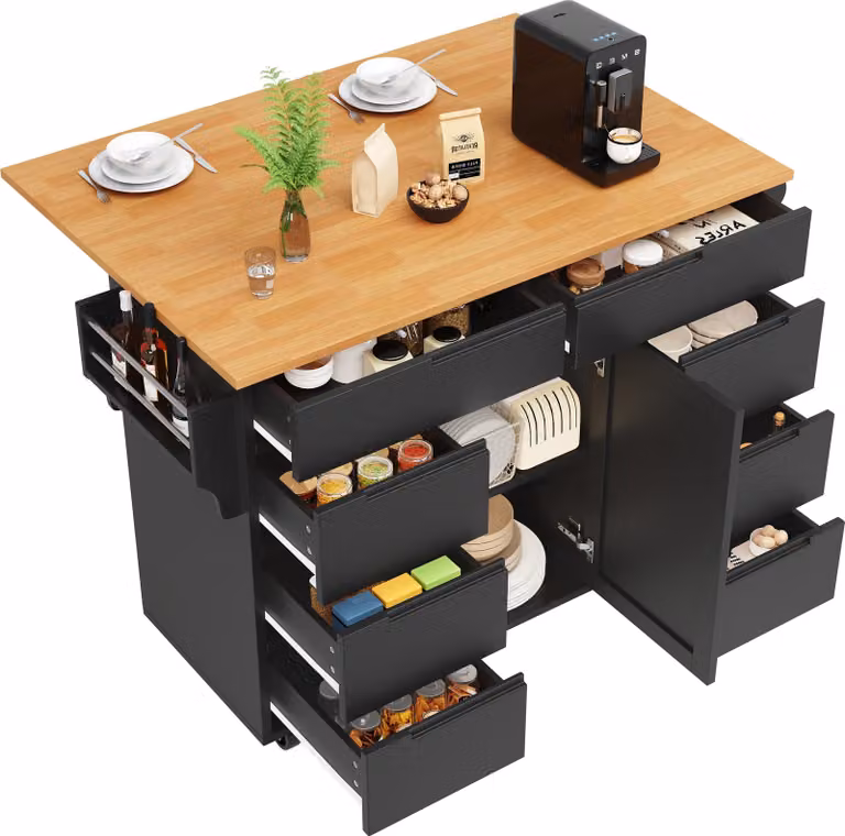 Isola da cucina, mobile da cucina, carrello da cucina estraibile con rotelle e piano di lavoro, carrello di servizio con ripiano per spezie e 8 cassetti, nero