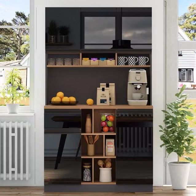 Mobile dispensa ULEVR 105x45x185 cm con 2 ante, cassetto, ripiani regolabili e vani aperti, nero e naturale