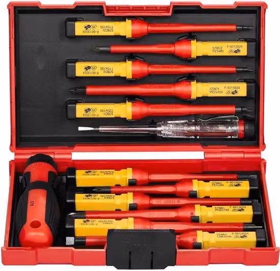Set di utensili elettrici da 13 pezzi, tensione massima 1000 V, con punte magnetiche a croce, per foratura e Torx, di qualità professionale, ideale per diverse applicazioni.