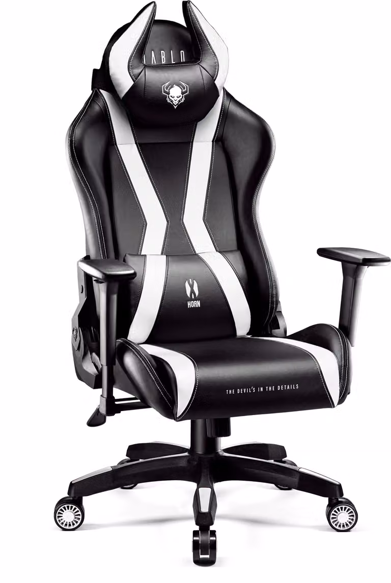 Diablo X-Horn Gaming Chair Sedia da ufficio Braccioli 3D Design ergonomico Cuscino collo/glutei Similcuoio Funzione dondolo Dimensioni normali Bianco e nero