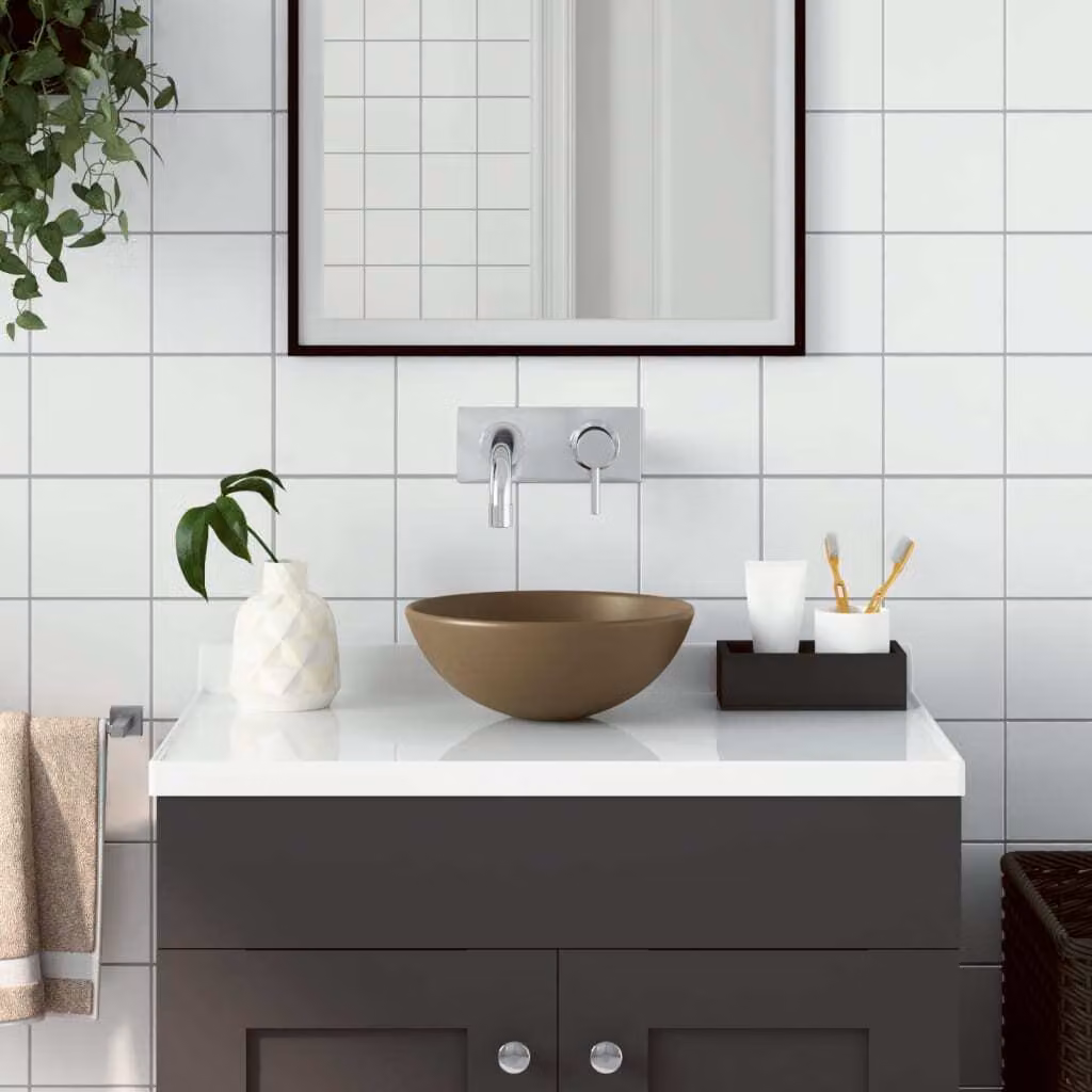 The Living Store Lavabo rotondo in Vetroceramica opaca crema