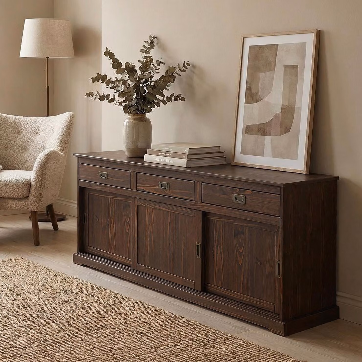 Credenza SAVONA Credenza cassettiera Cassettiera in pino con 3 ante e 3 cassetti, legno massiccio, colore noce