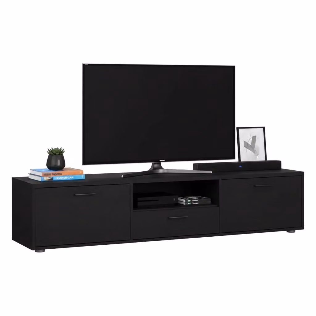 Mobile porta TV Giaele DMORA, Credenza moderna per soggiorno in legno nero opaco, L: 177,2 cm, P: 39,8 cm, H: 38,4 cm – 2