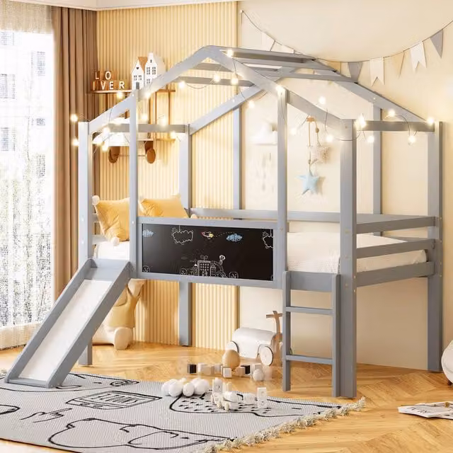 Letto a soppalco in legno massello per bambini con scivolo, scala di sicurezza e lavagna, grigio, 90x200 cm