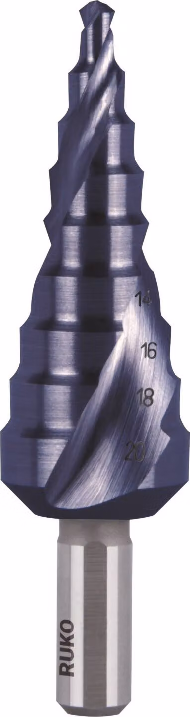 Punta a gradini RUKO in HSS con rivestimento TiAlN, a spirale e con affilatura a croce
