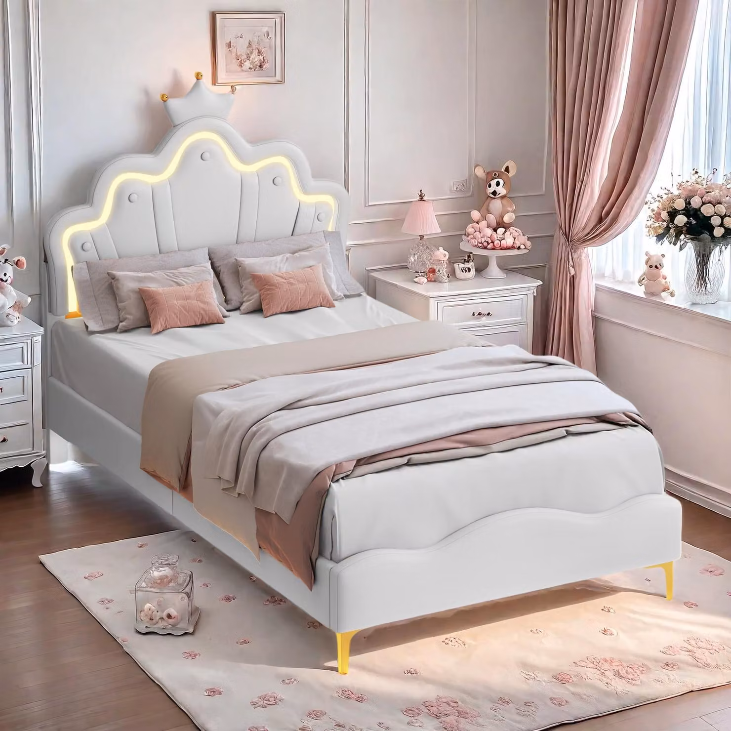 Letto imbottito Fortuna Lai 90x200cm, letto matrimoniale letto per bambini con testata a forma di , letto per ragazzi letto in legno con rete a doghe, PU, bianco