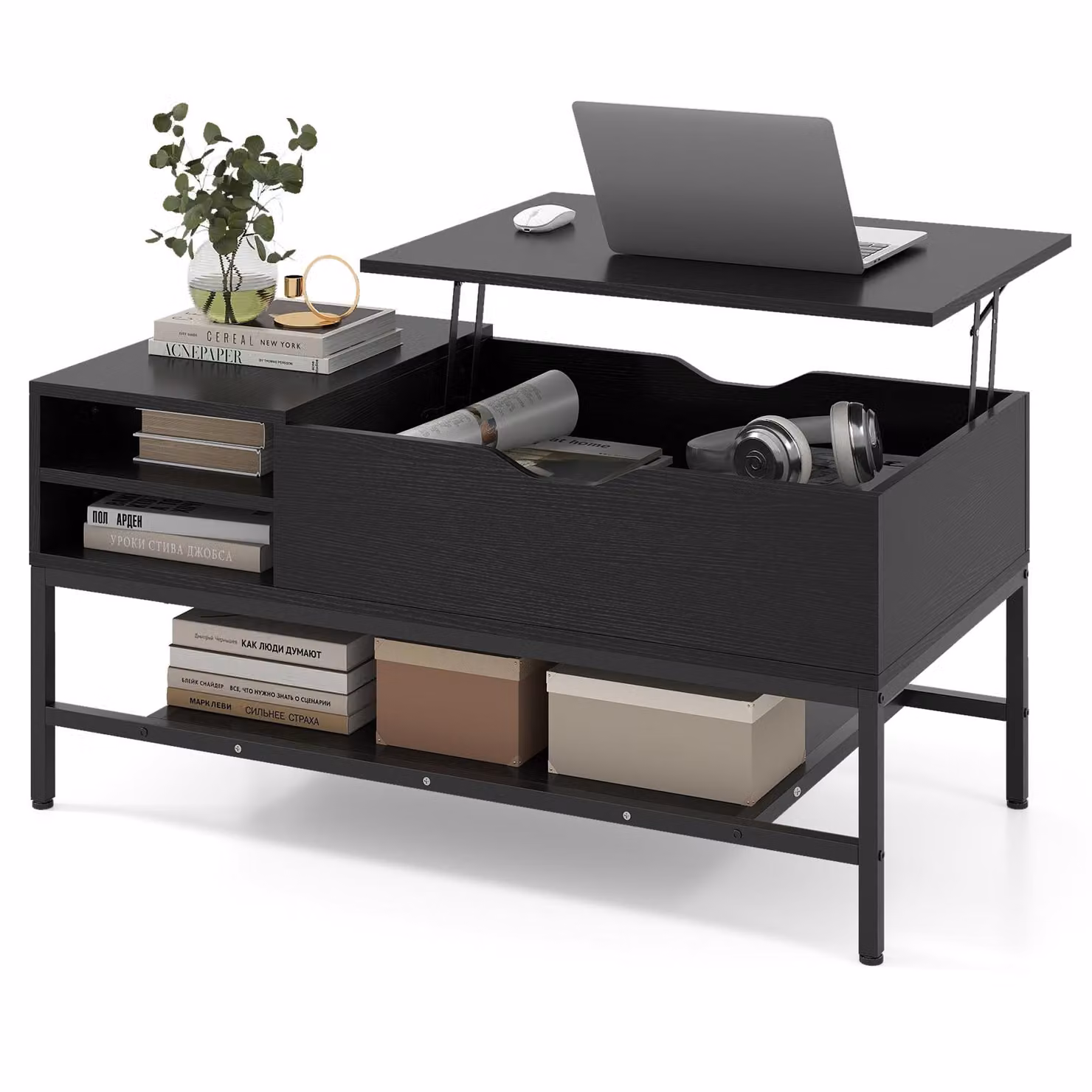 Tavolino regolabile in altezza COSTWAY, tavolino da salotto con ripiano e vano portaoggetti, tavolino da caffè, tavolino da divano, tavolino da salotto, 100x49,5x47,5 cm, nero