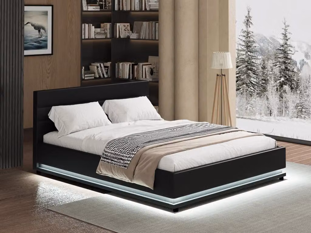 Letto Anastasia con contenitore e illuminazione LED in tessuto nero L/P: 140 x 190 cm – 2