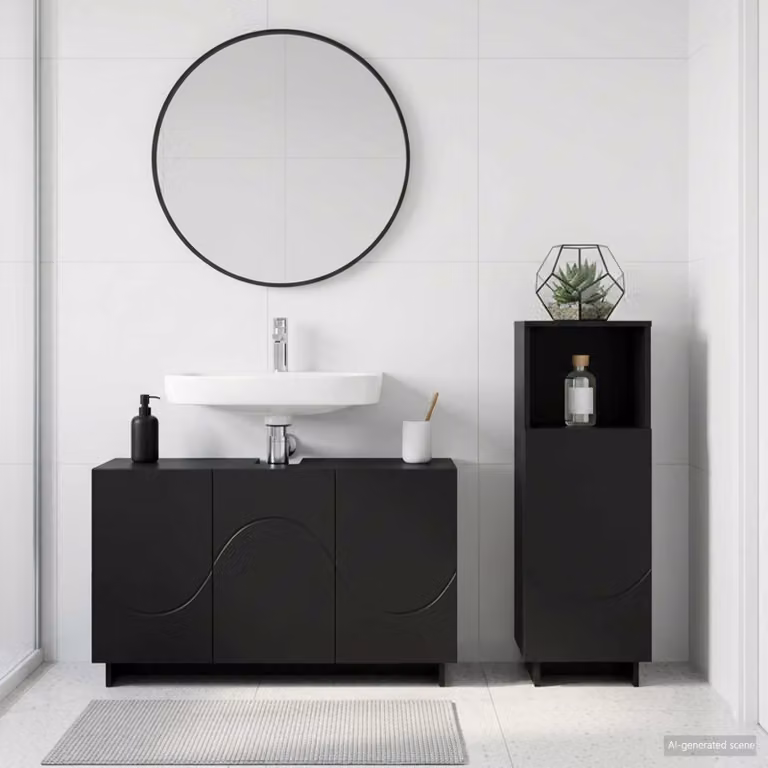 Set mobili da bagno moderni vidaXL in 2 pezzi nero opaco con vanità e contenitore in legno MDF