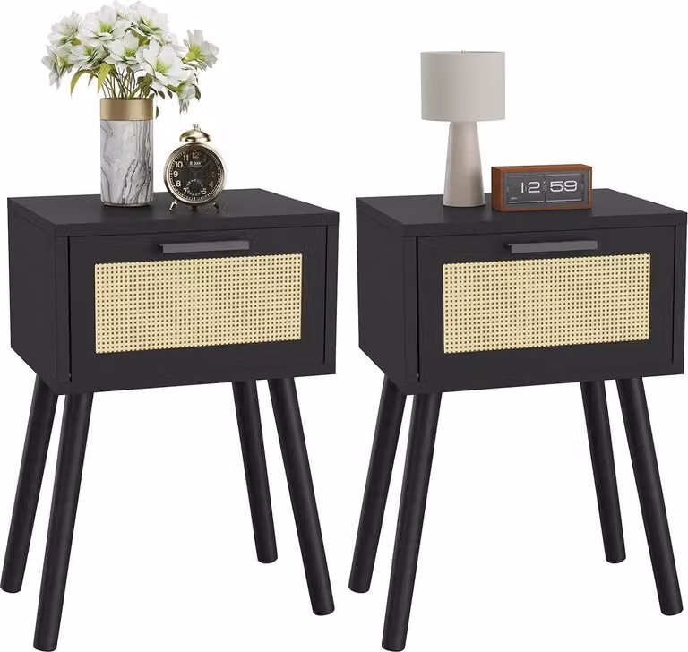 YMYNY Comodino in rattan set di 2 nero 35x27x53 cm tavolino con cassetto magnetico